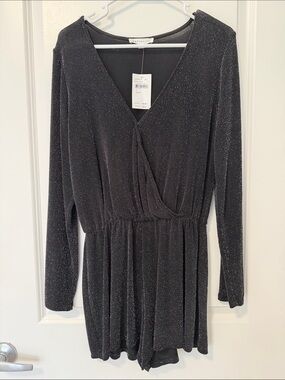 Socialite Black Metallic Long-Sleeve Wrap Romper